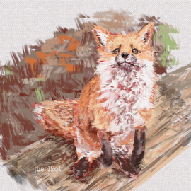 digital oil-like painting of cute red fox standing on its back legs looking directly into the camera. The camera is slightly above the subject tilted downwards around 45 degrees 